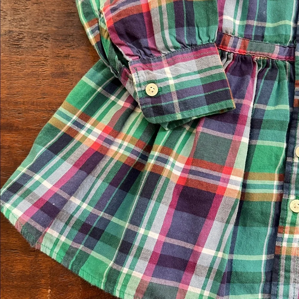 RALPH LAUREN Midi Shirt Dress Flounce Hem Girls Multicolor Madras Plaid Size 7